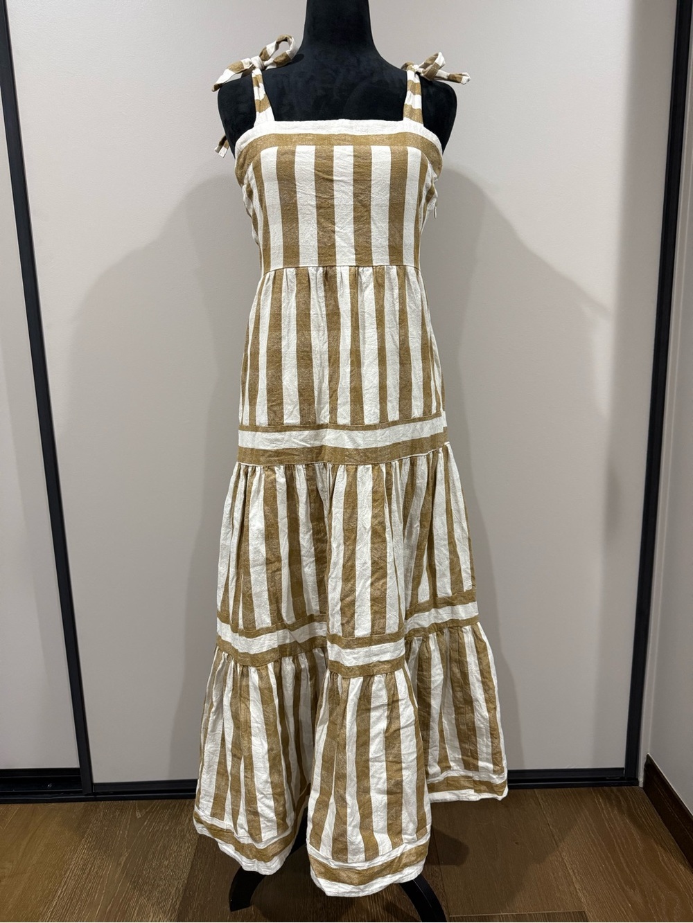 Sadie & Sage Karly Stripe Tan and White Tiered Maxi Sundress